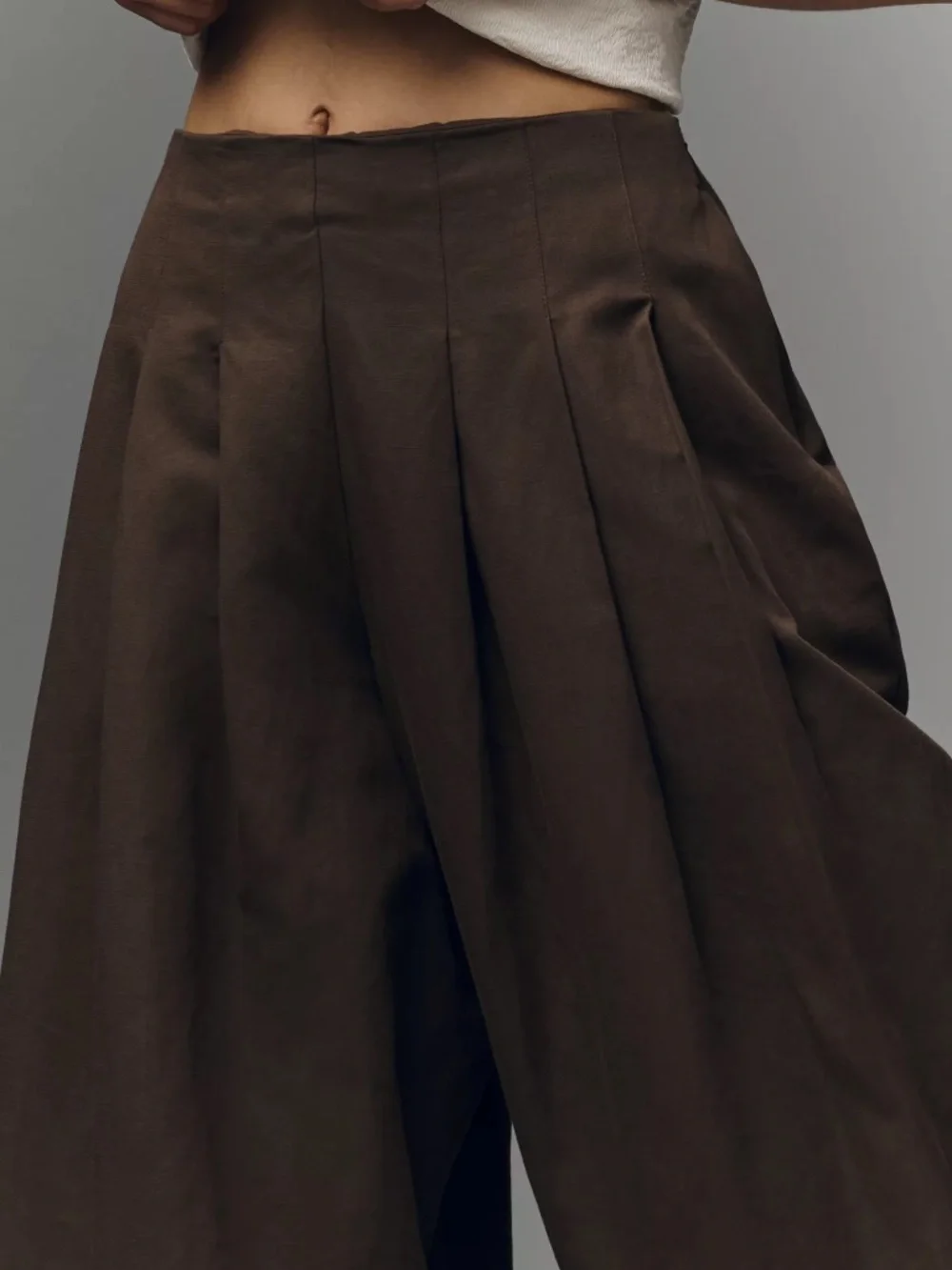 Anthropologie Maeve Pleated Trousers Wide Barrel Leg Cotton Linen Blend BROWN - Picture 5 of 8